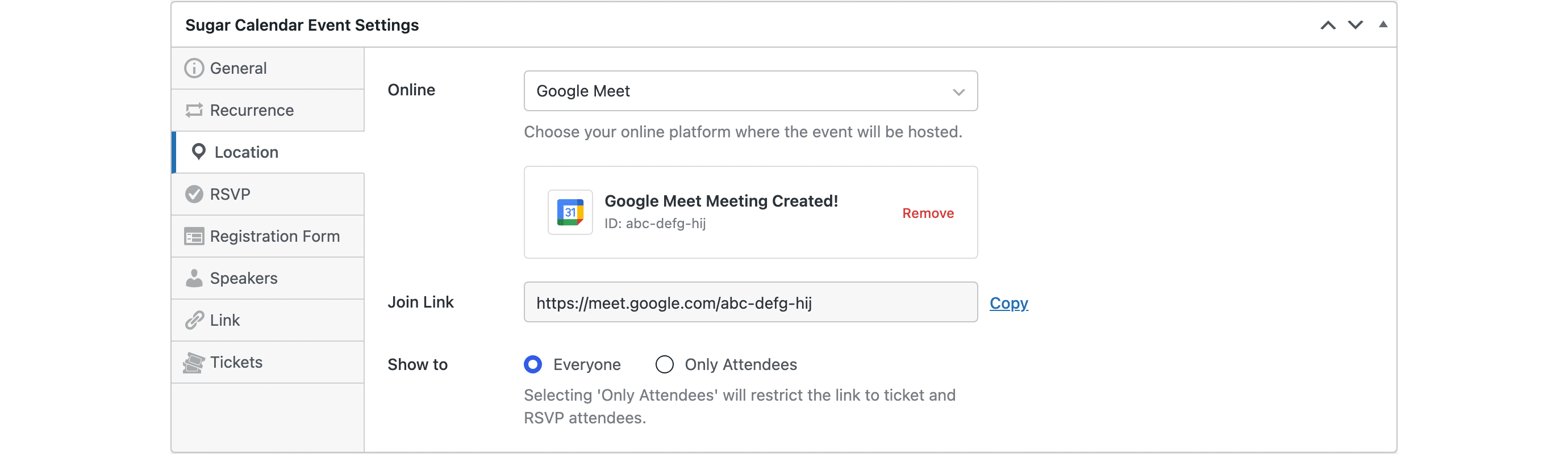 The Location tab of the event editor with Google Meet chosen as the online platform, a created meeting, its join link, and Show to set to Everyone.