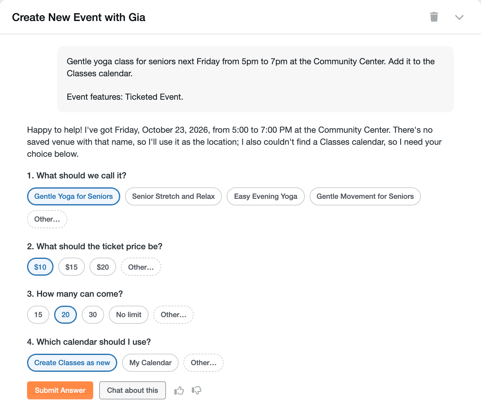 Gia restates the date, time and place from the prompt, then asks four quick questions: what to call the event, the ticket price, how many can come, and which calendar to use.