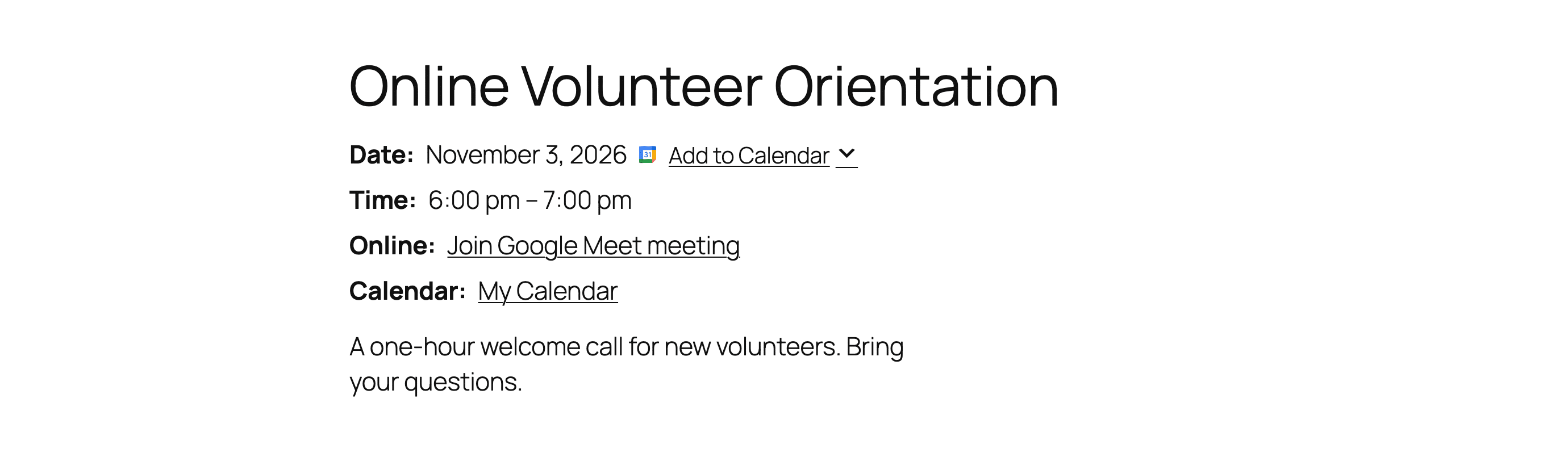 The public event page for Online Volunteer Orientation, showing the date, time and a "Join Google Meet meeting" link.