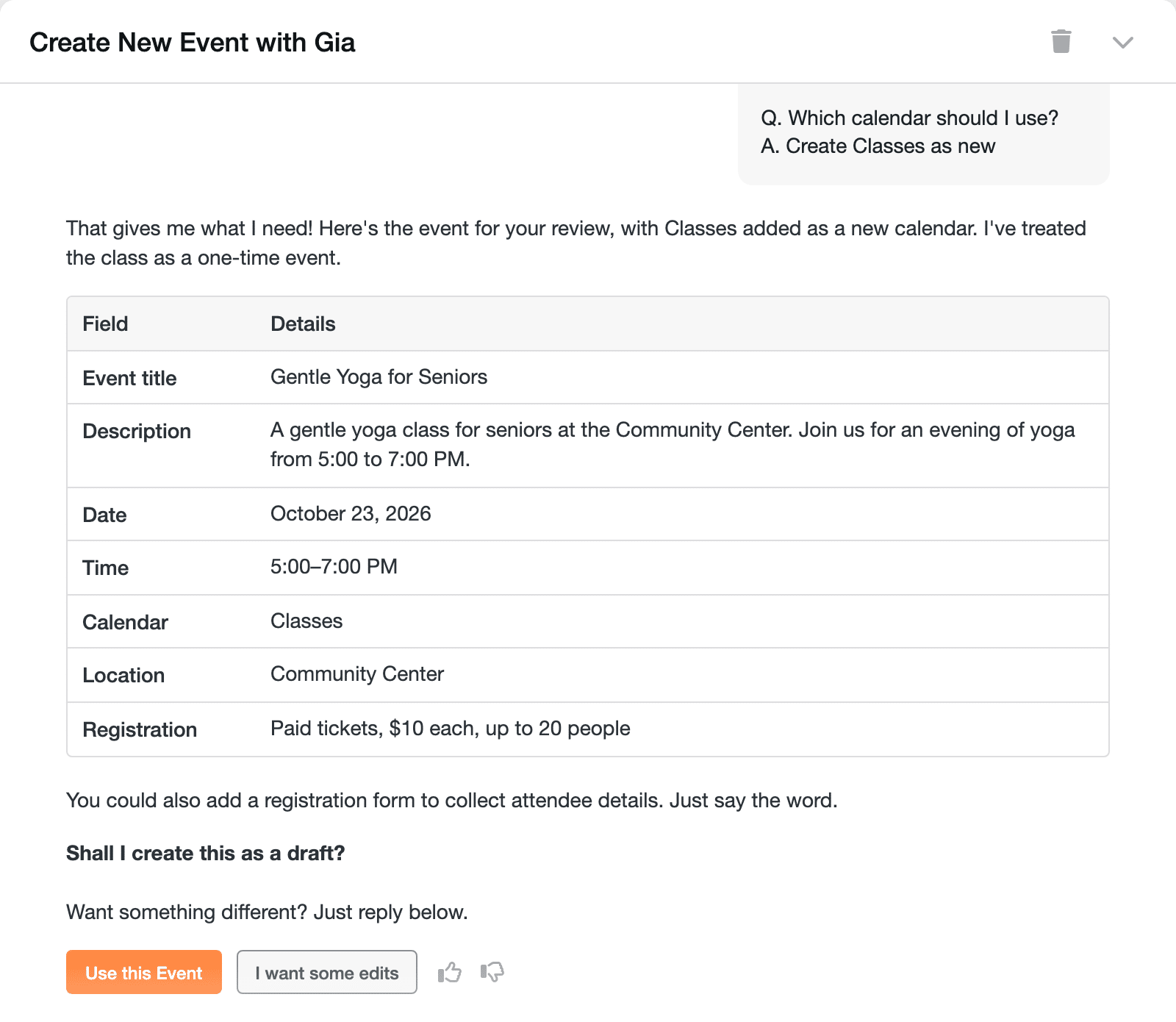 The Event Summary: a table with the event's title, description, date, time, calendar, location and registration details, and the buttons Use this Event and I want some edits.