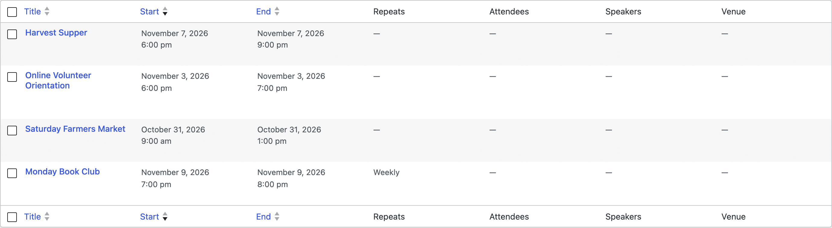 The Sugar Calendar Events list with Harvest Supper, Saturday Farmers Market and Monday Book Club, all three created in Google Calendar, next to Online Volunteer Orientation.