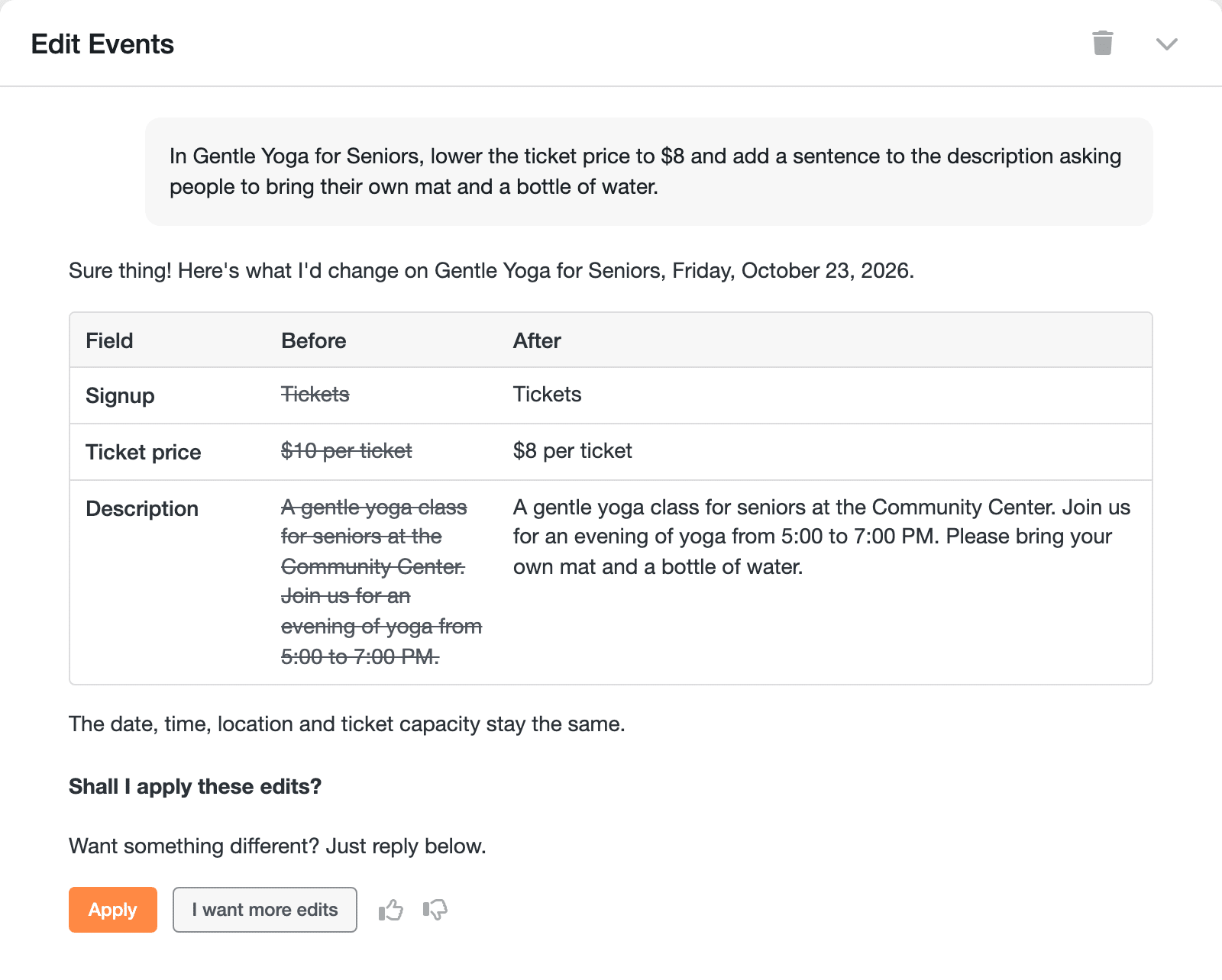 Gia's Before and After table for an edit: the ticket price going from $10 to $8 and a sentence about bringing a mat and water added to the description, with Apply and I want more edits buttons.