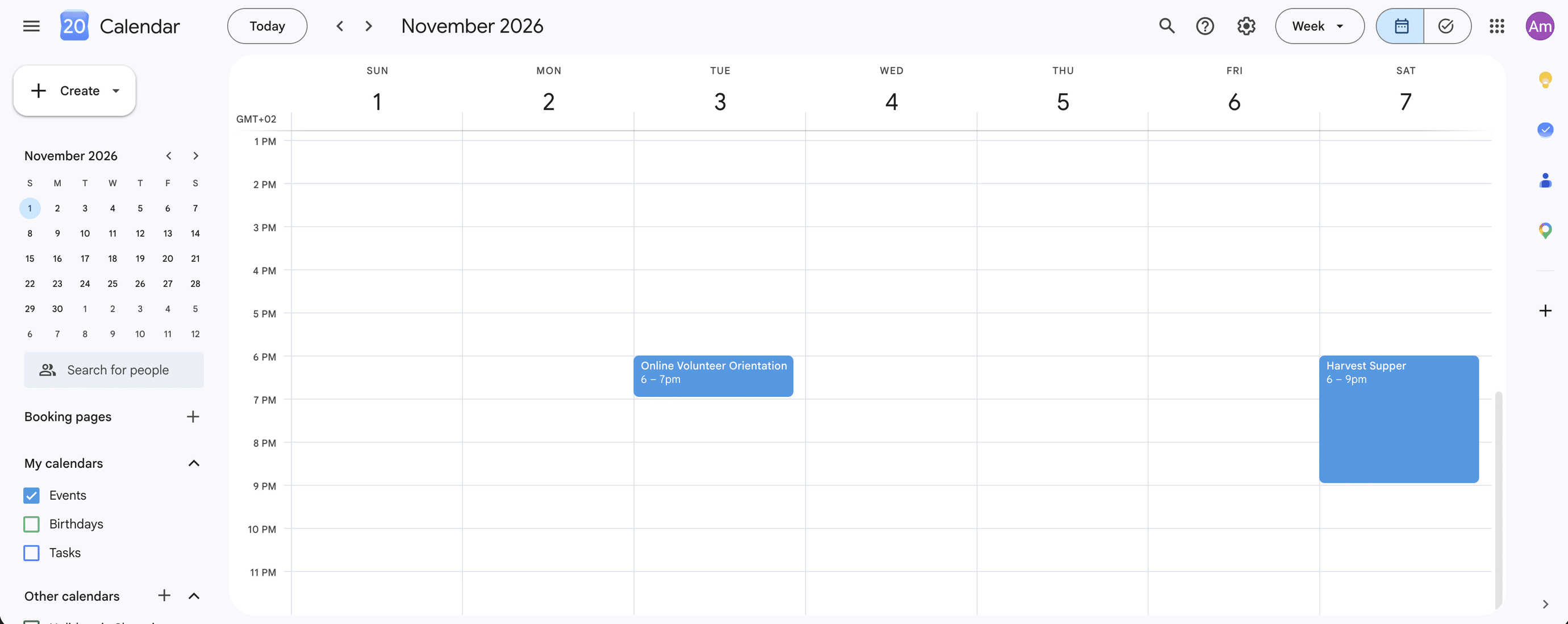 Google Calendar's week view with Online Volunteer Orientation, published in Sugar Calendar Events, and Harvest Supper, added in Google.
