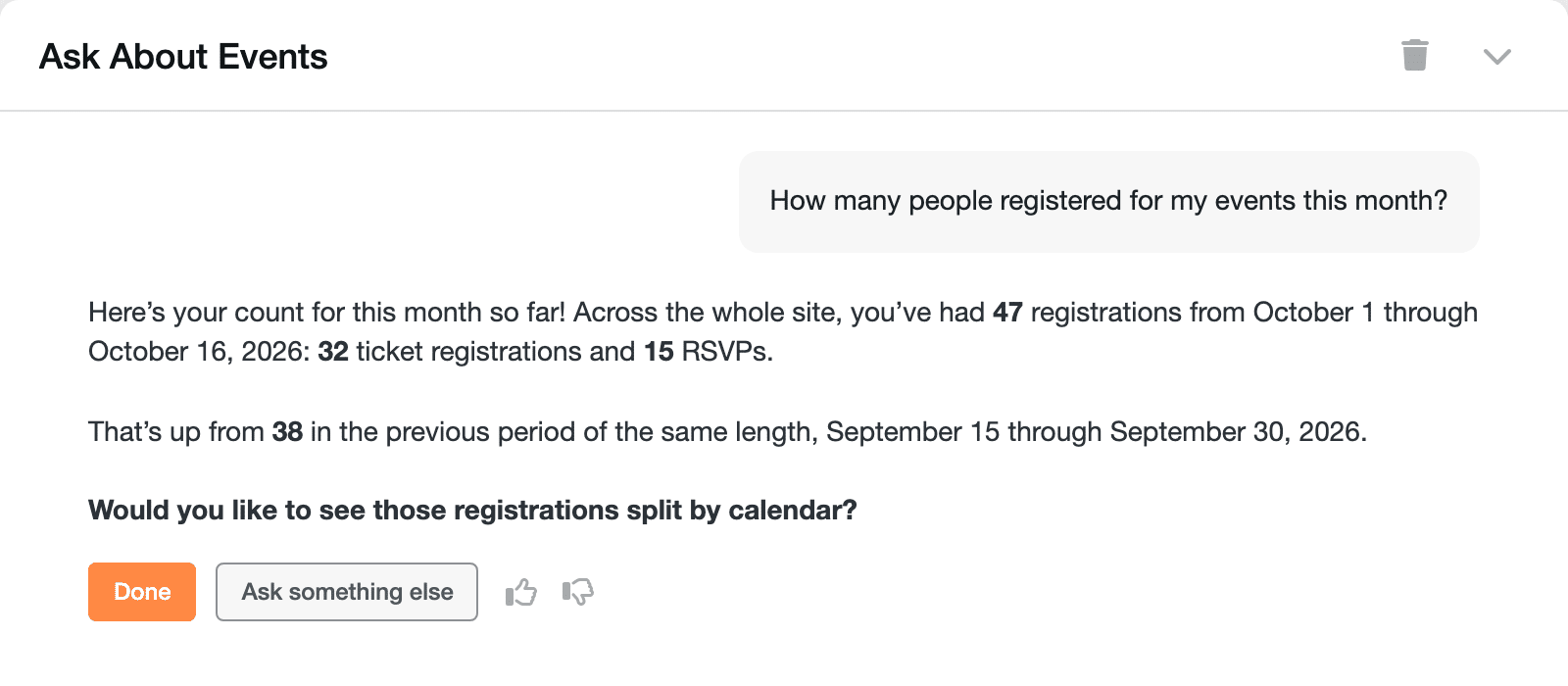Gia answering "How many people registered for my events this month?" with a total, a split between ticket registrations and RSVPs, and a comparison with the previous period.