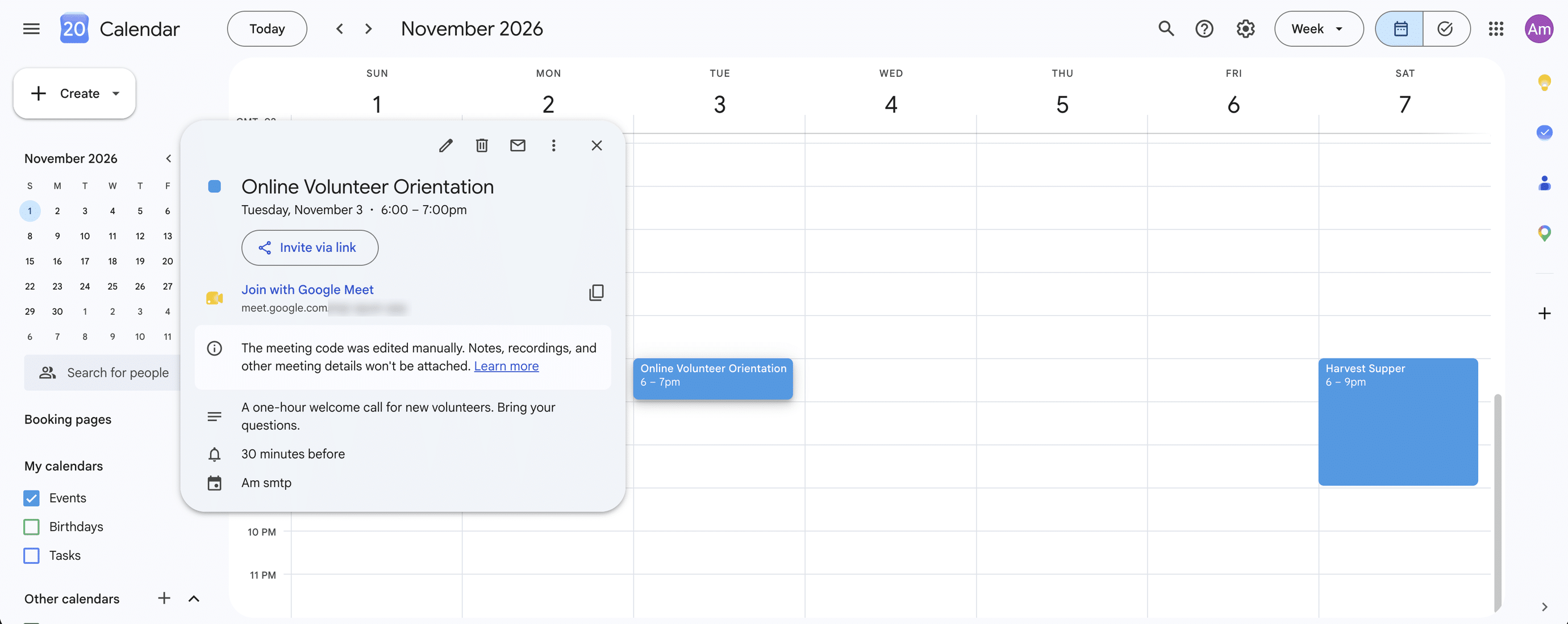 The Online Volunteer Orientation event opened in Google Calendar, with a "Join with Google Meet" button and the event description.