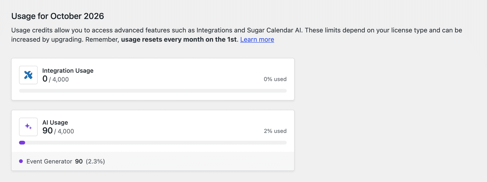 The Usage section under License & Usage, with separate meters for Integration Usage and AI Usage.