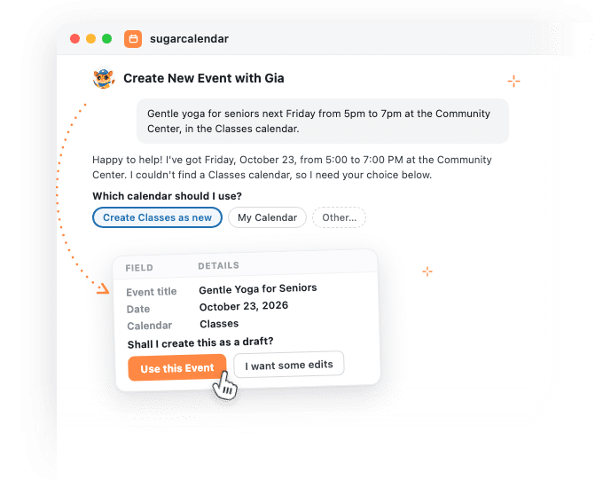 AI event management with Gia: an event described in one sentence, the question Gia asks about what is missing, and the summary before it saves a draft