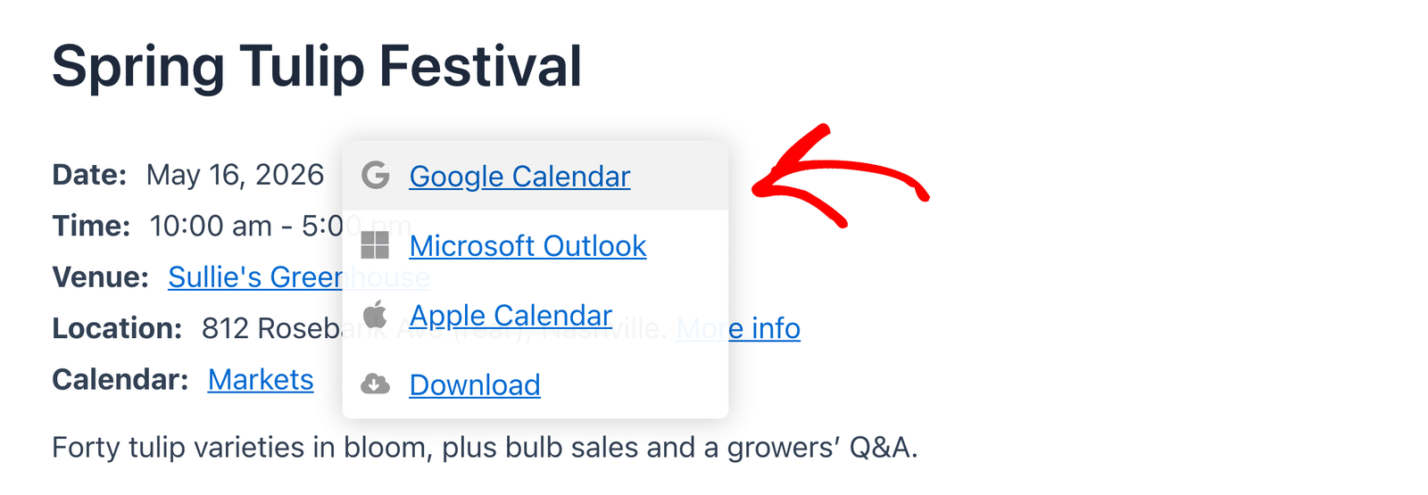 The Add to Calendar menu on a single event page