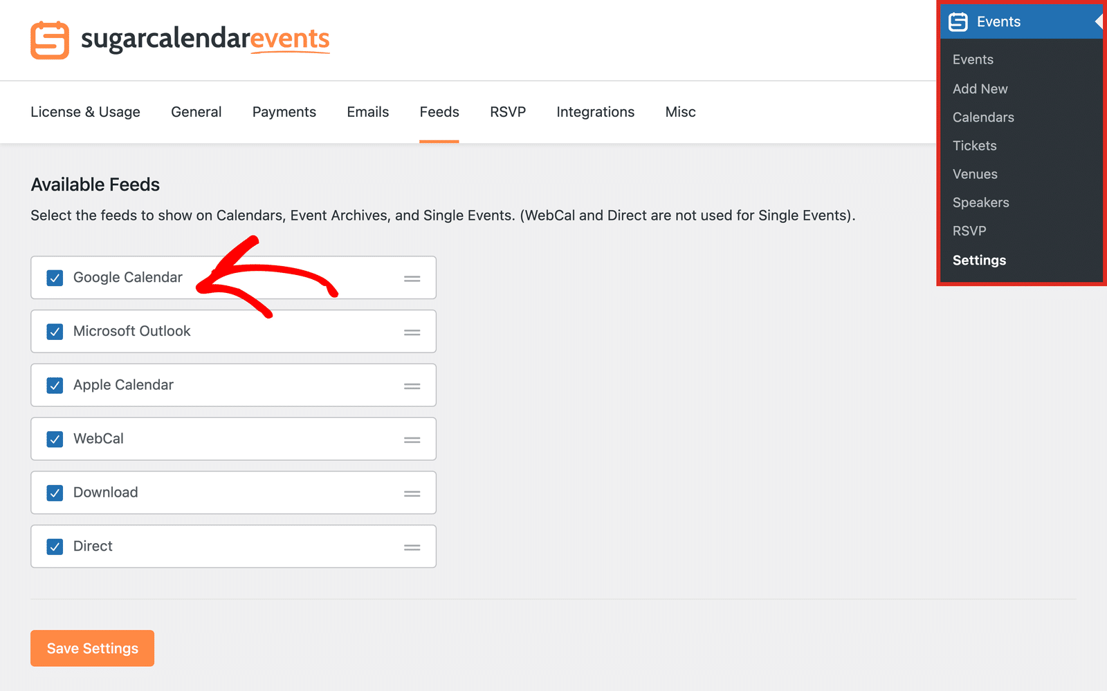 The Available Feeds list on the Feeds settings tab
