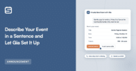 Split-screen hero: left blue panel with bold headline about describing your event; right a floating 'Create New Event with Gia' card with sample details and action buttons.