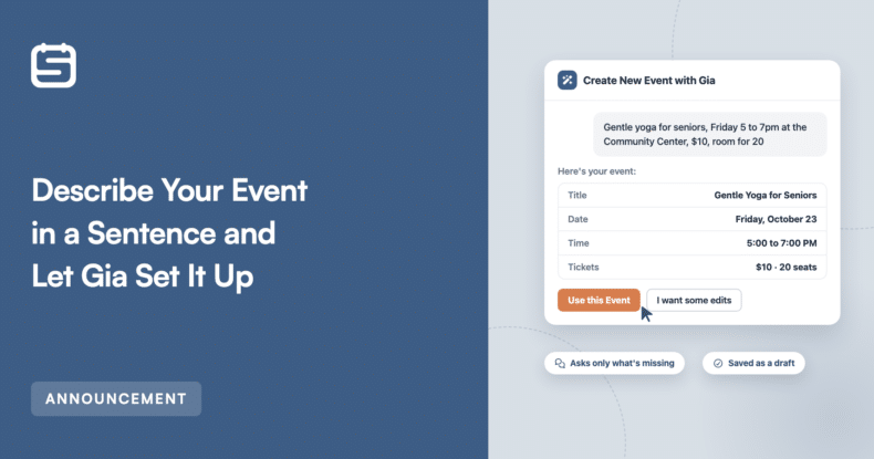 Split-screen hero: left blue panel with bold headline about describing your event; right a floating 'Create New Event with Gia' card with sample details and action buttons.