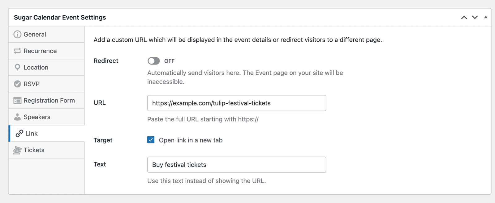 Link tab with a URL, link text, and Open link in a new tab set