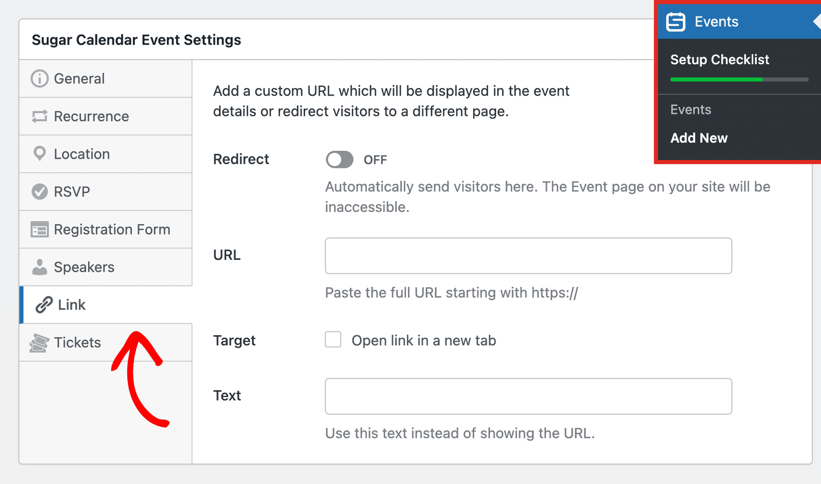 The Link tab in the Sugar Calendar Event Settings box