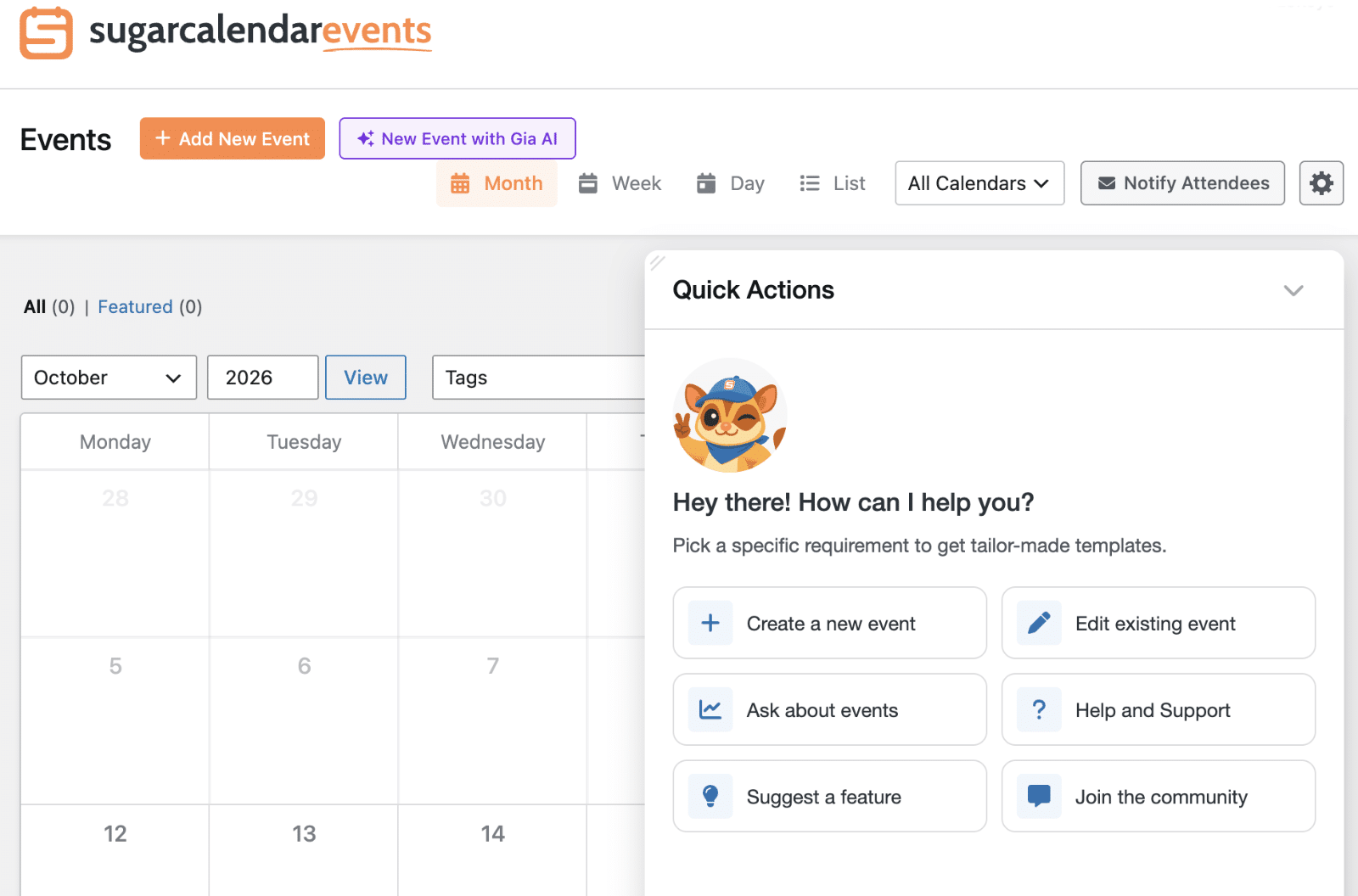 Events admin page with the Gia Quick Actions panel open in the bottom right corner, showing the six action buttons