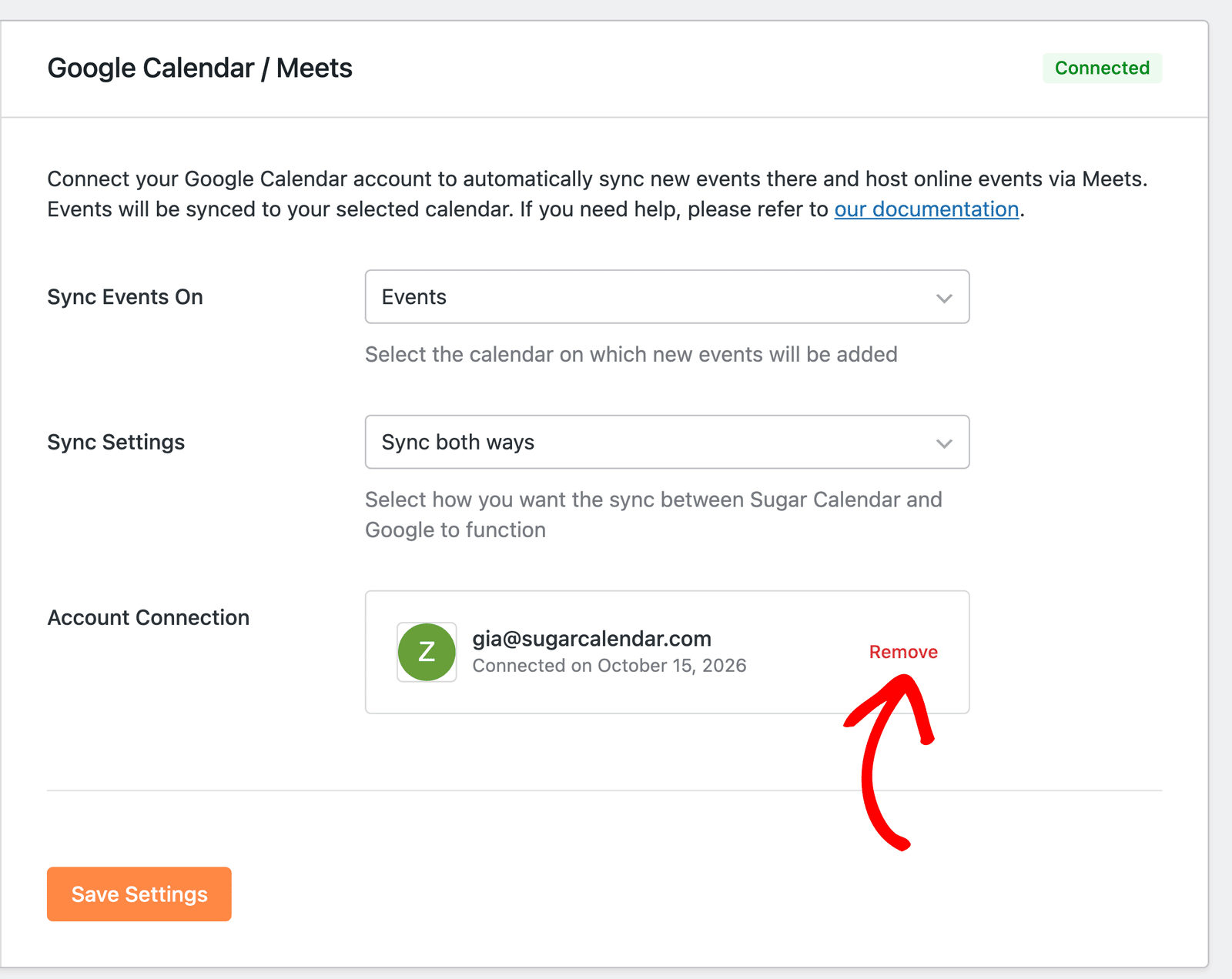 The Remove link for the connected Google account