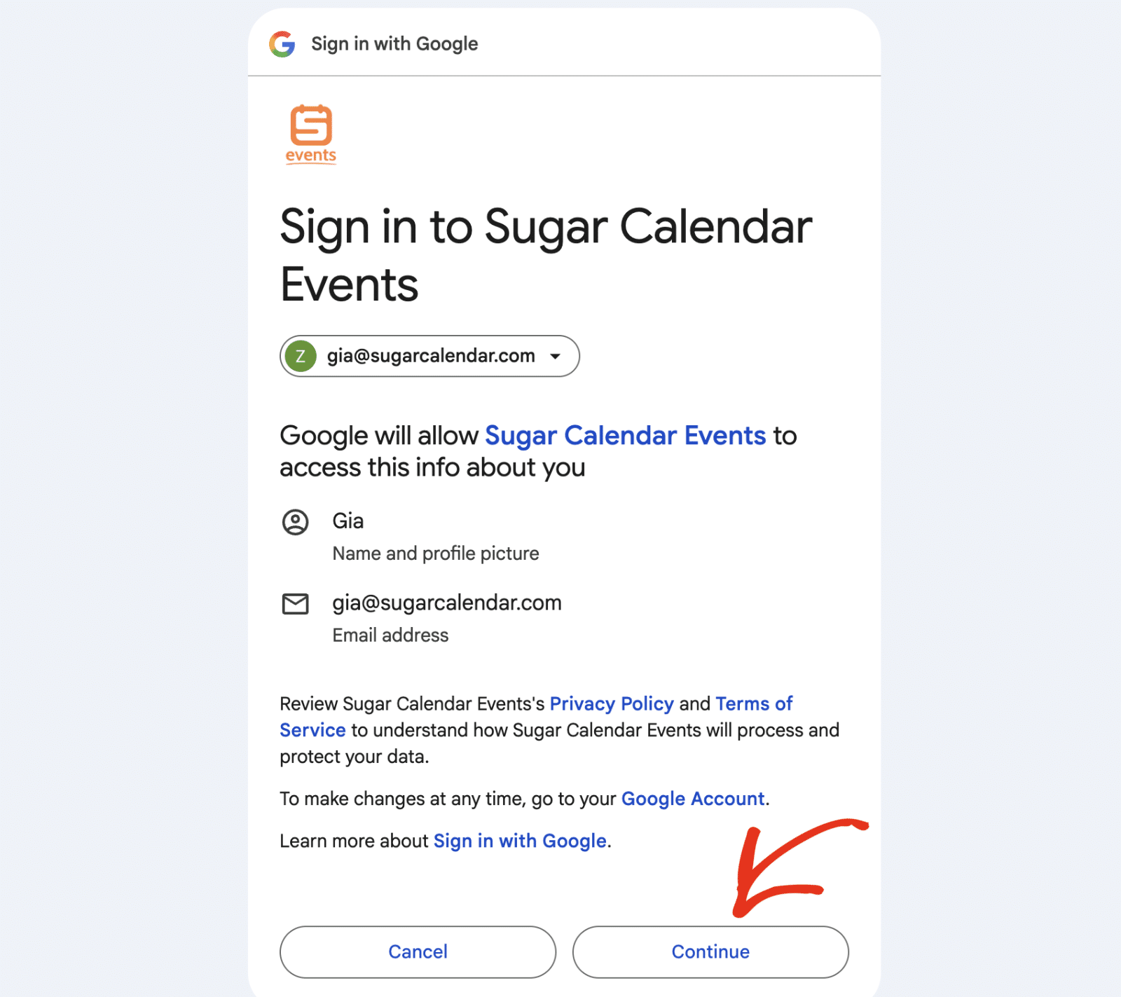 Signing in to Sugar Calendar Events with Google