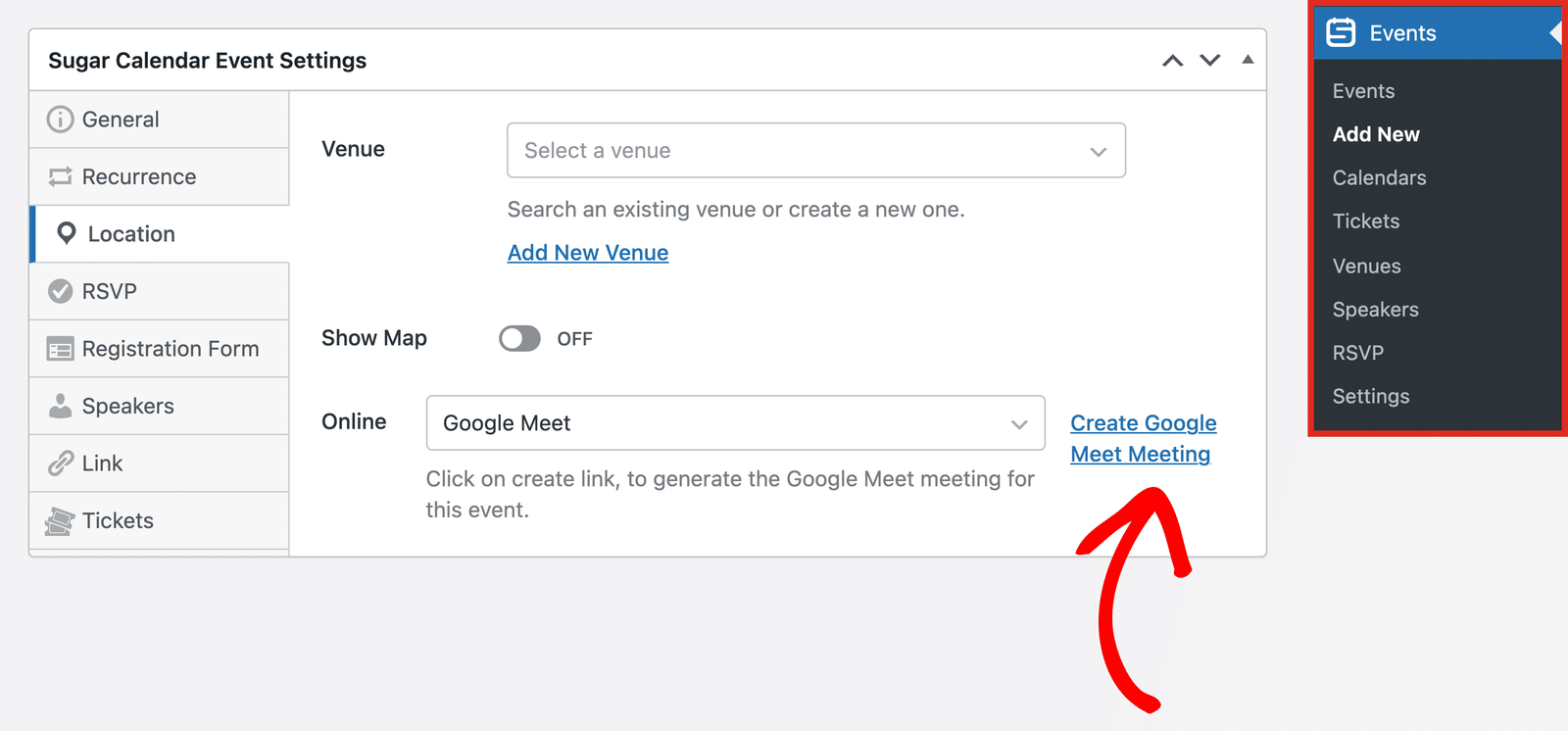 The Create Google Meet Meeting link in the event editor