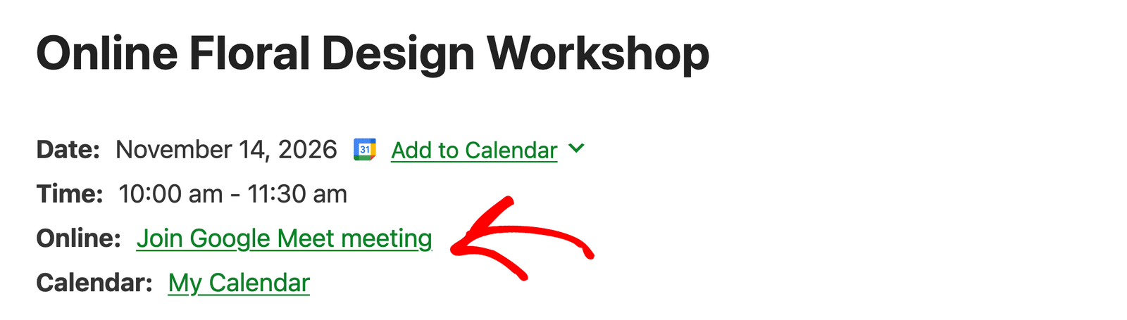 The Join Google Meet meeting link on an event page