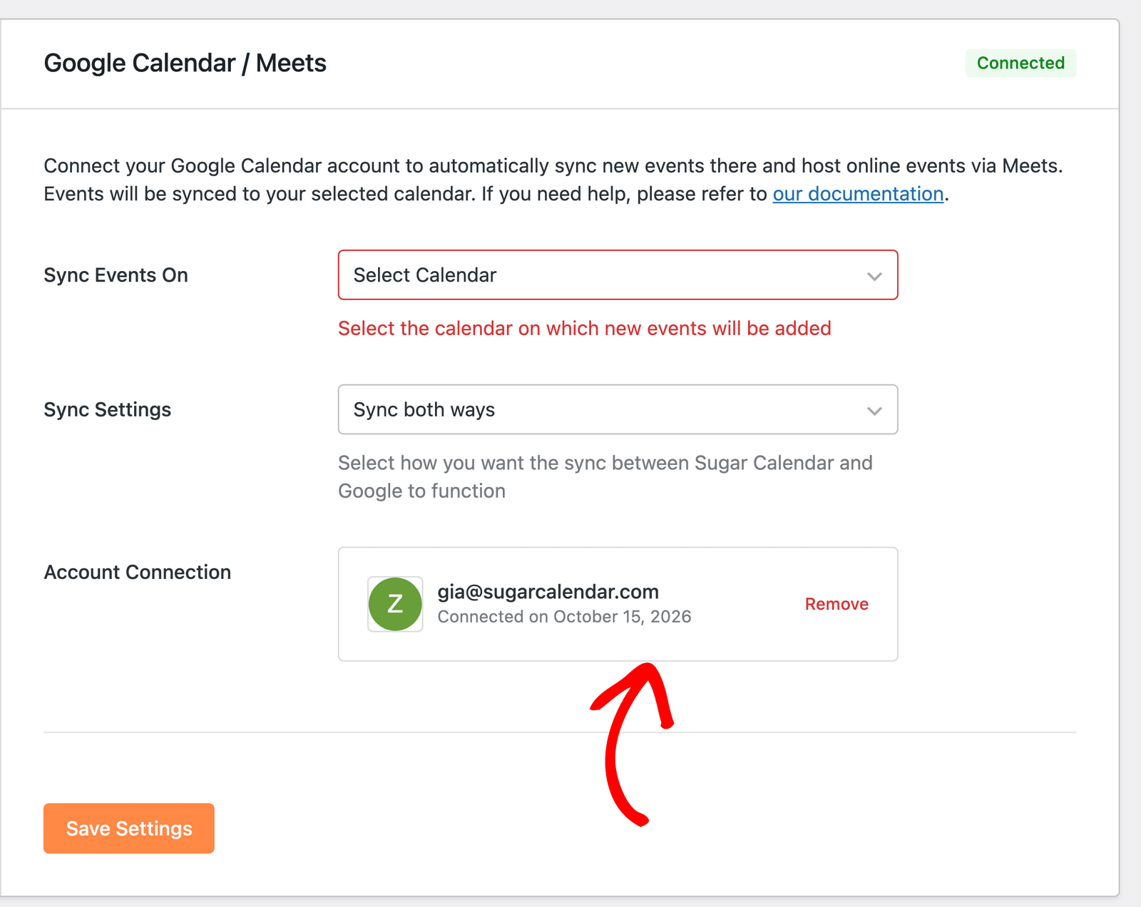 The connected Google account on the Google Calendar / Meets panel