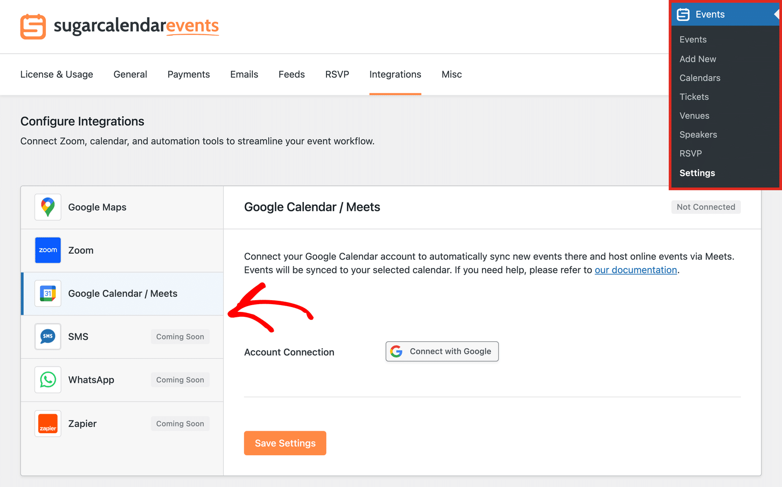 The Google Calendar / Meets option on the Integrations tab