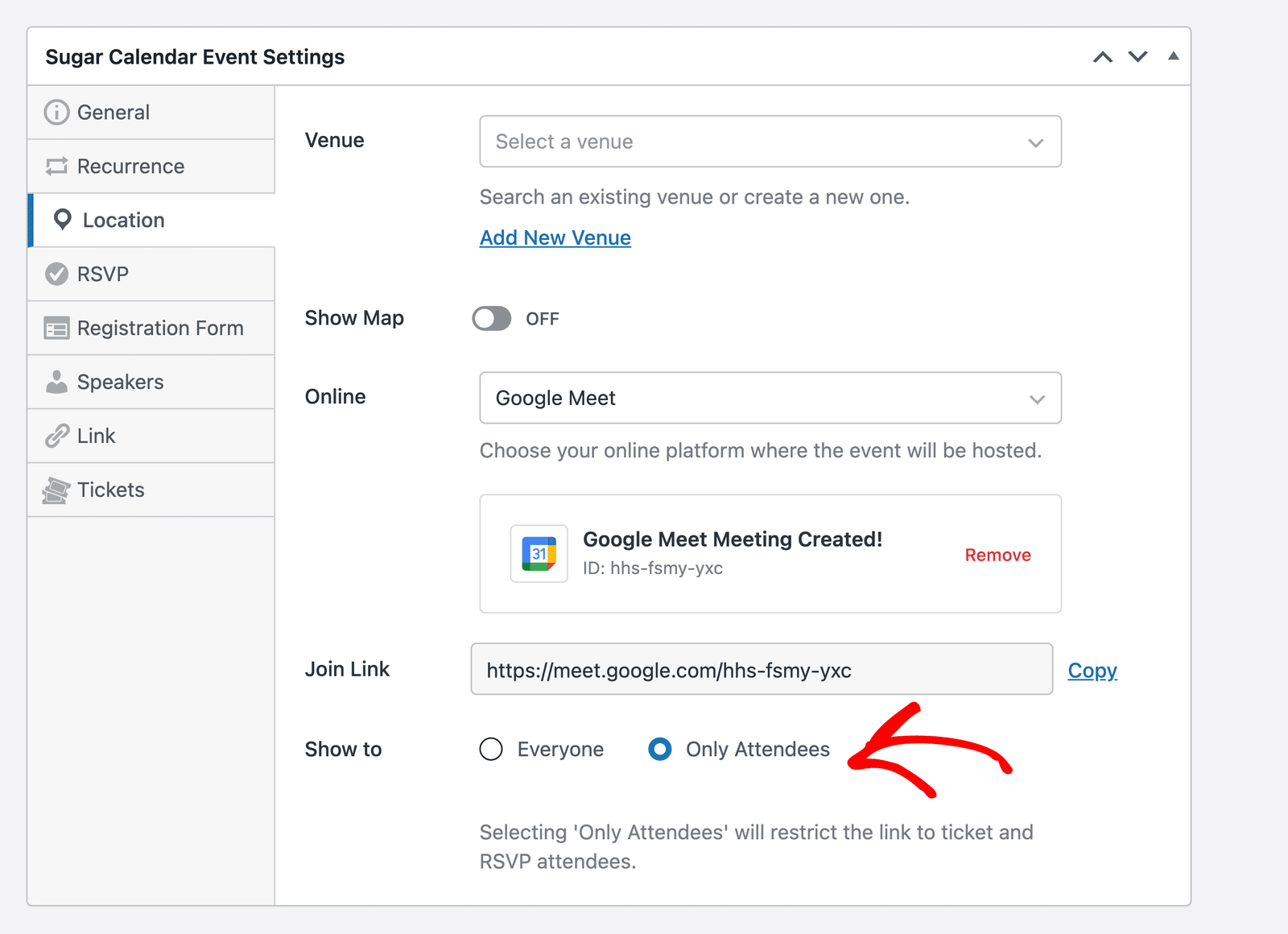 A Google Meet meeting created for an event, with the Show to option