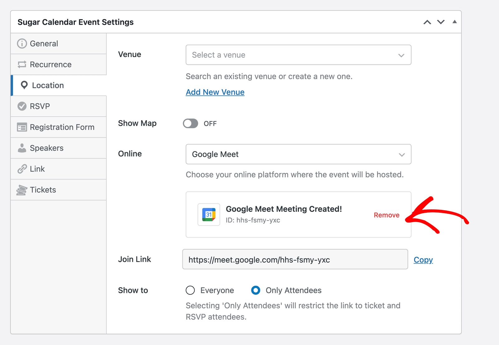 The Remove button for a Google Meet meeting in the event editor