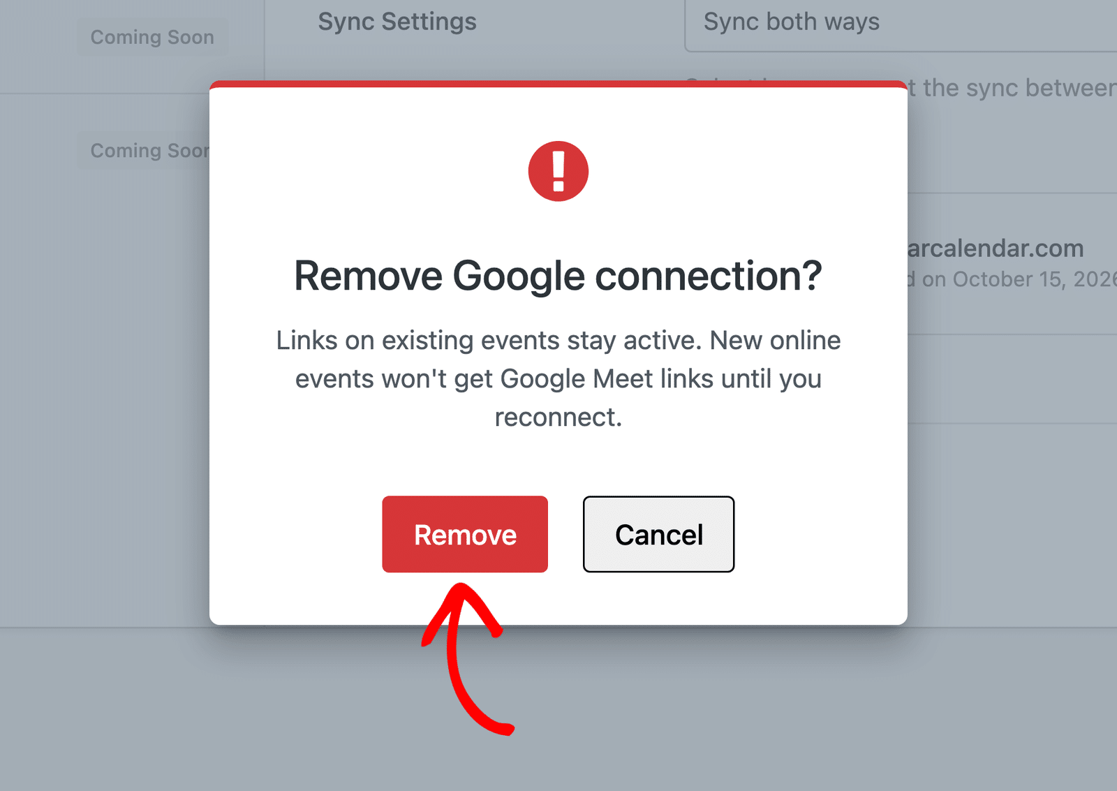 The Remove Google connection confirmation window