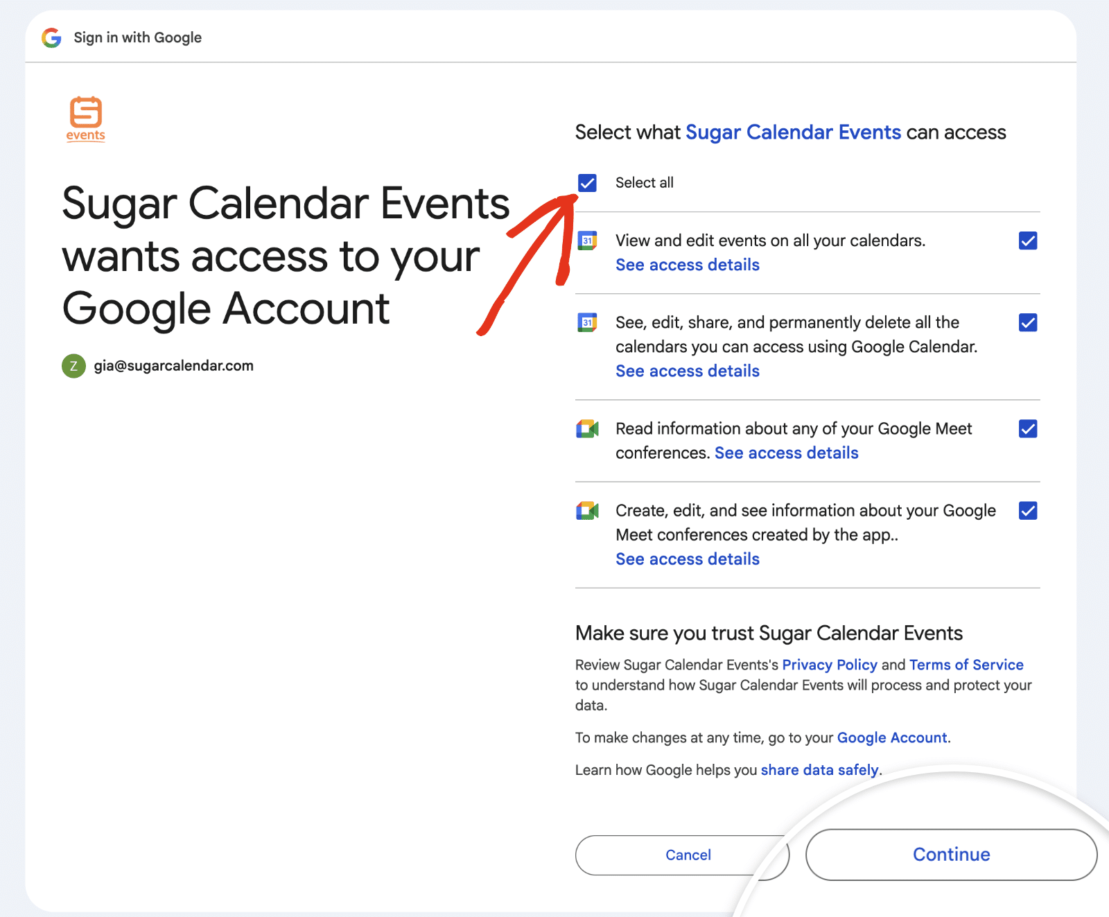 Approving Google Calendar and Google Meet permissions