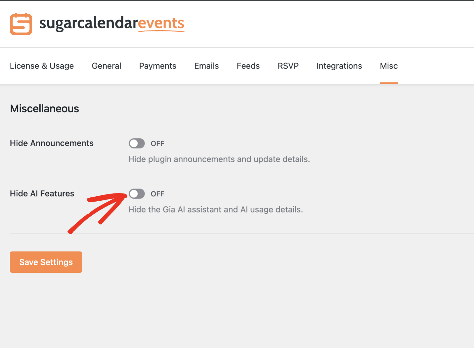 Misc settings tab with an arrow pointing to the Hide AI Features toggle