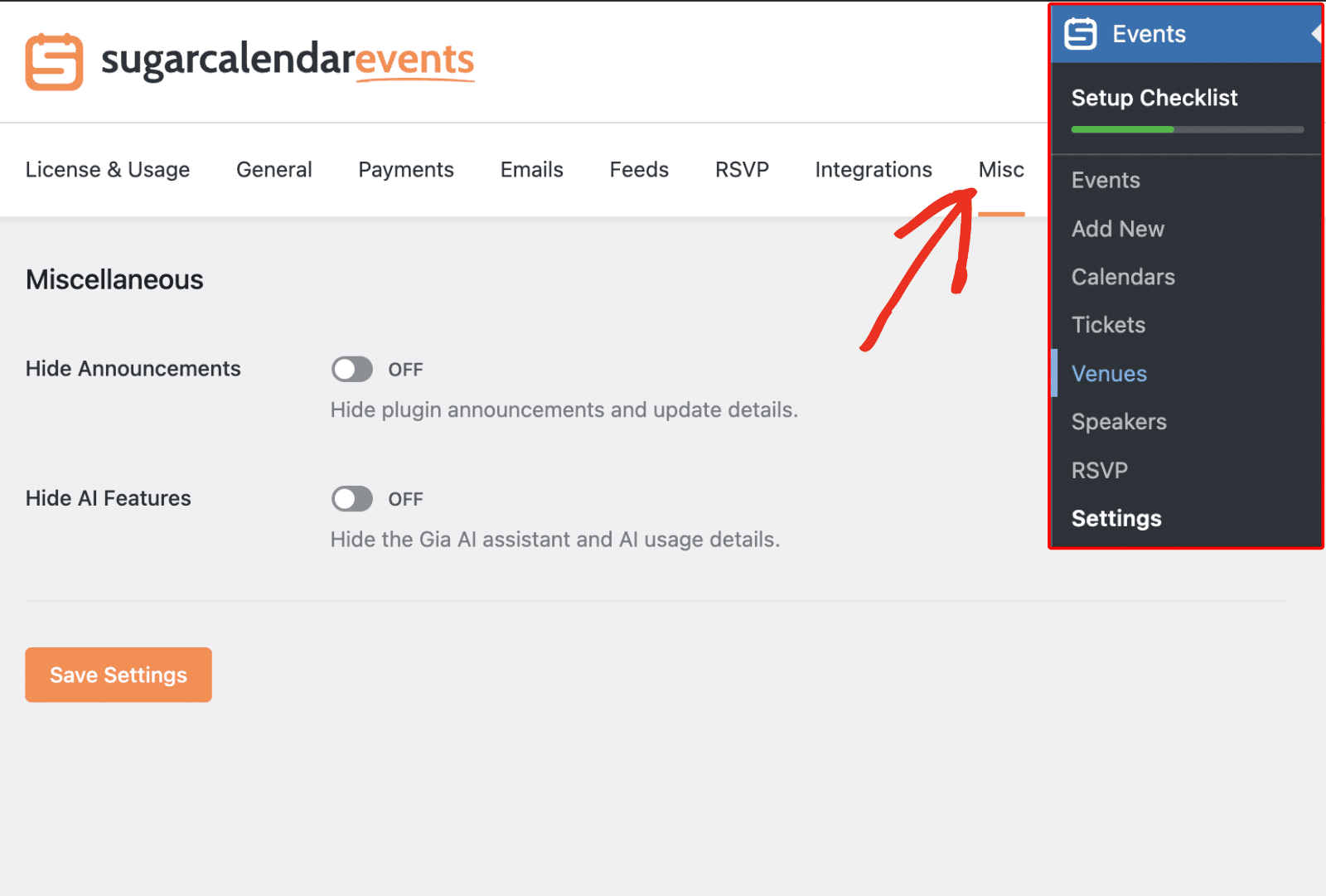 Sugar Calendar Events Miscellaneous settings