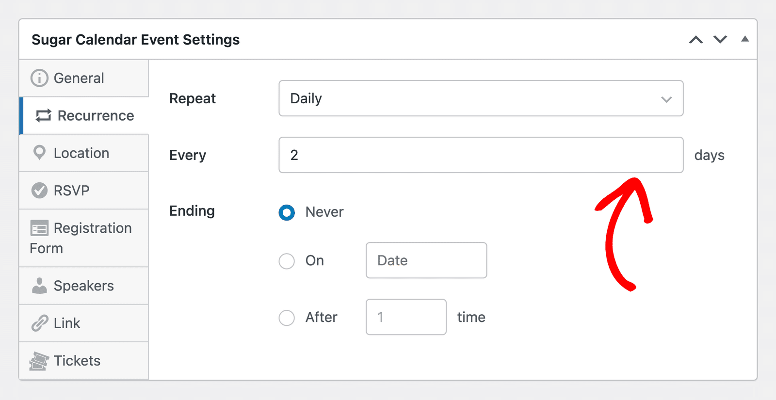 The Every field set to 2 for a daily recurring event