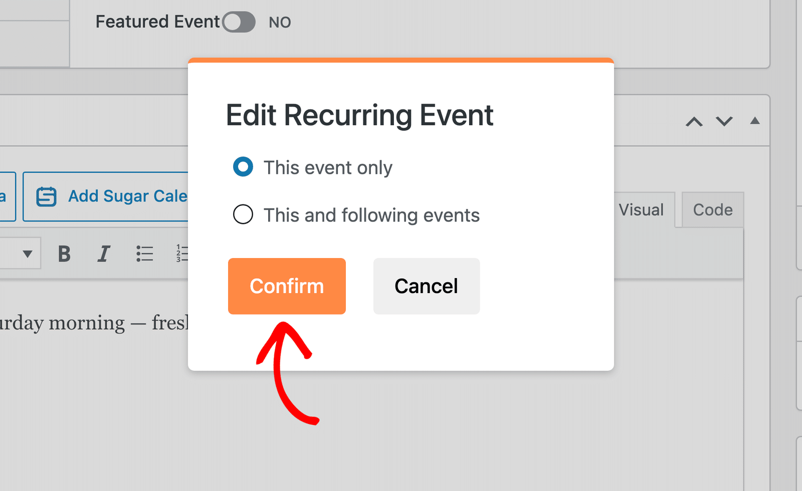 The Edit Recurring Event window with This event only and This and following events options