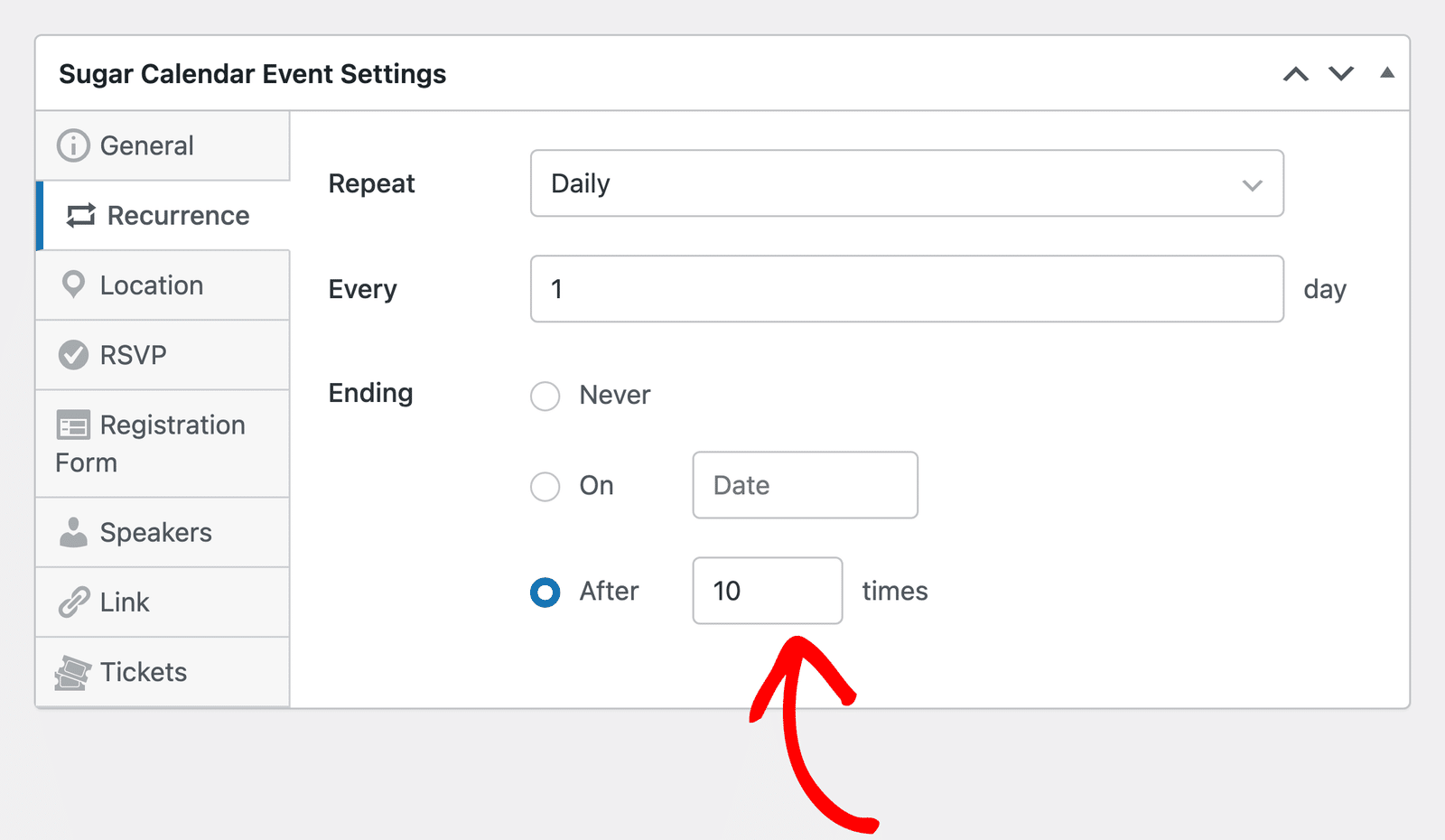 Ending a recurring event after 10 occurrences
