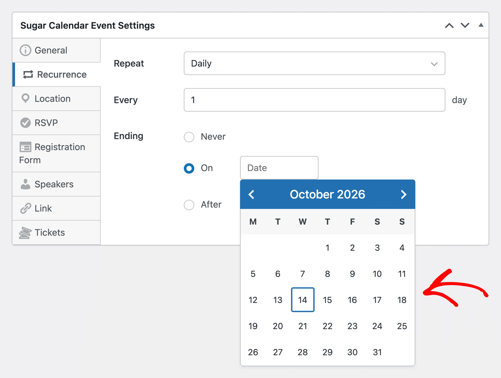 Choosing an end date for a recurring event from the date picker