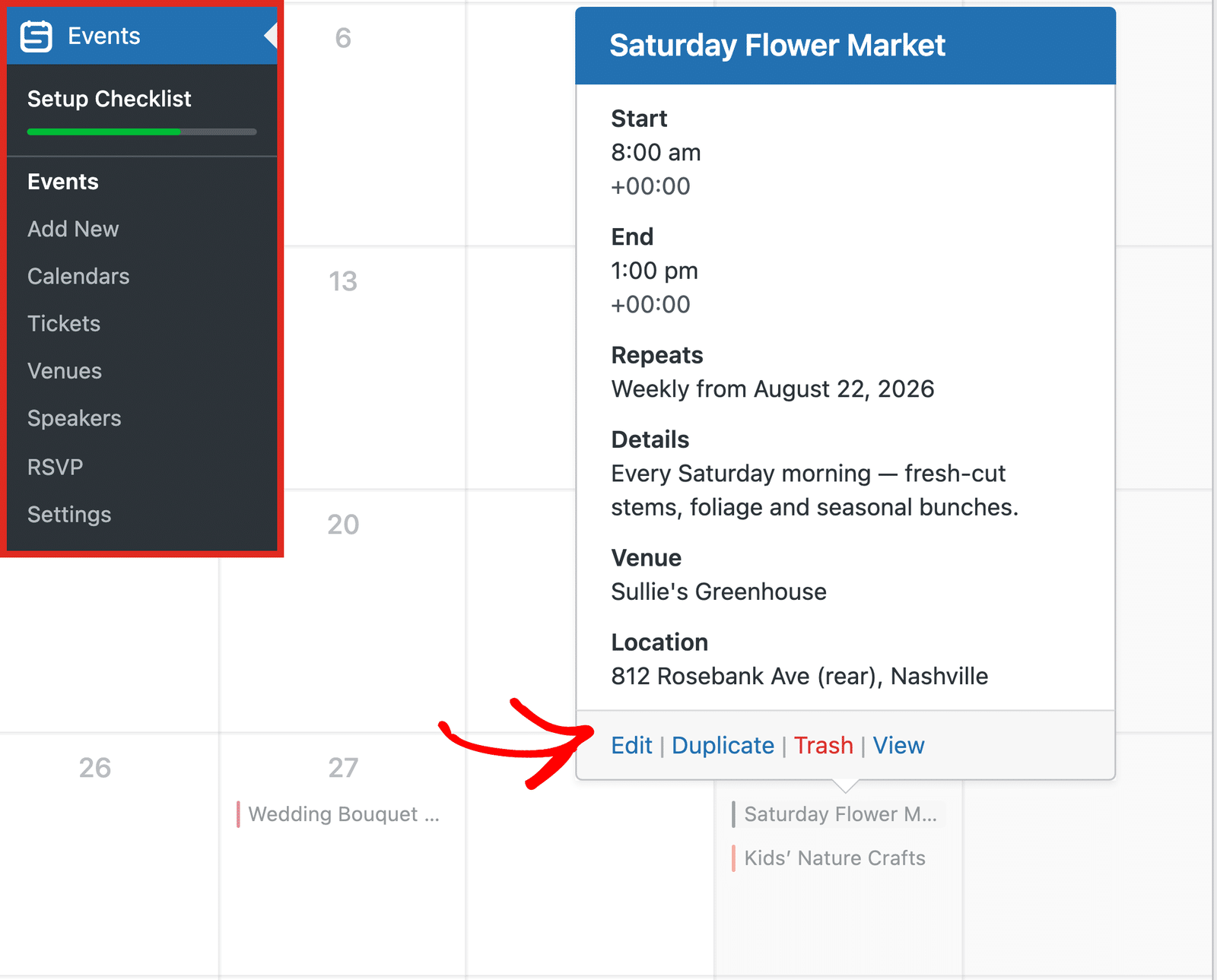 The Edit link in the event details on the Events calendar