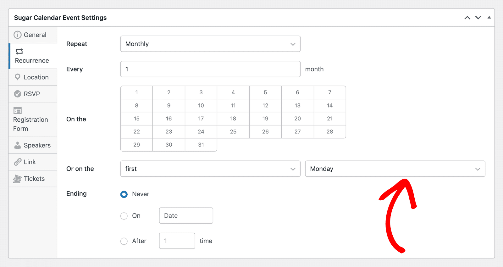 The Or on the dropdowns set to the first Monday for a monthly recurring event