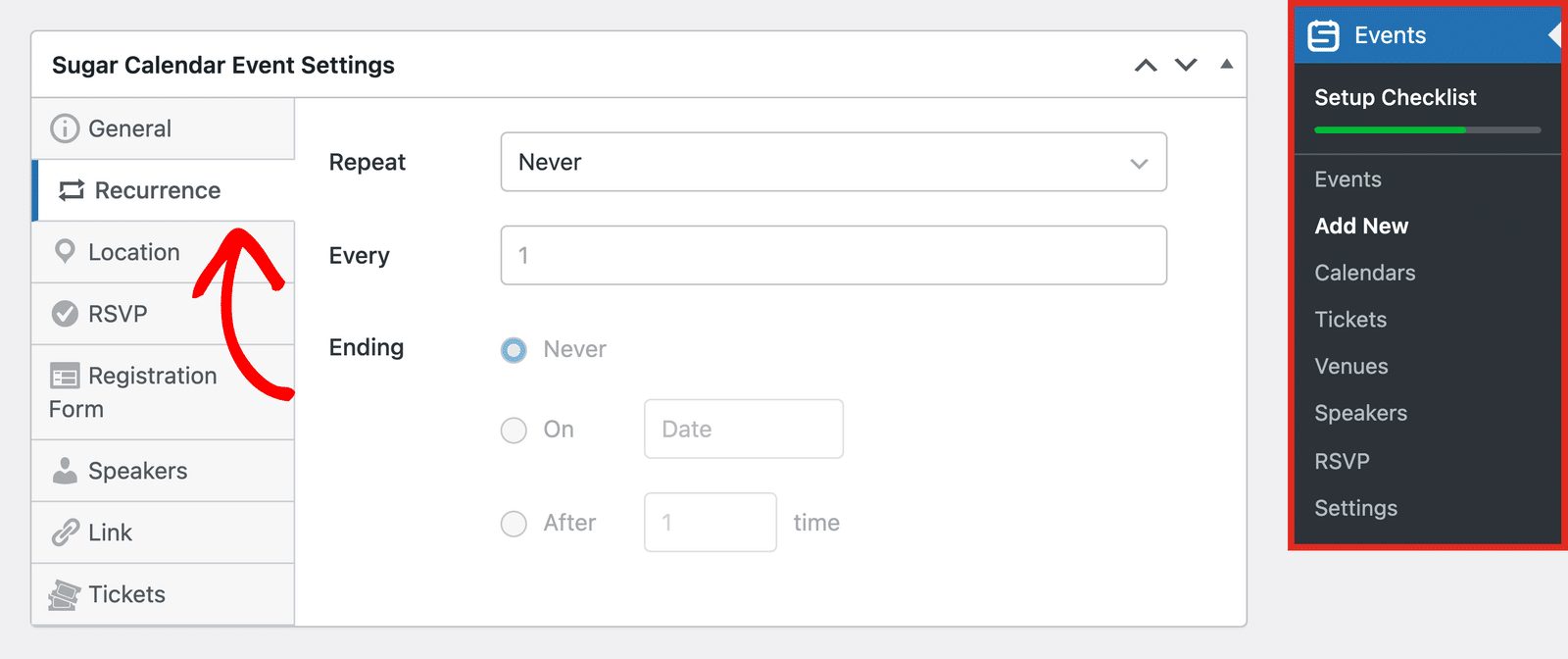 The Recurrence tab in the Sugar Calendar Event Settings box