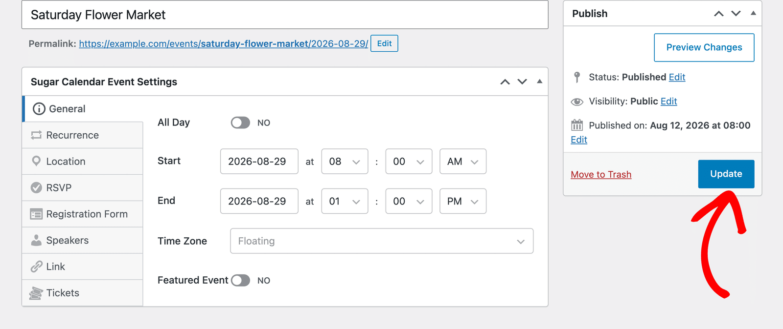 The Update button for an occurrence of a recurring event