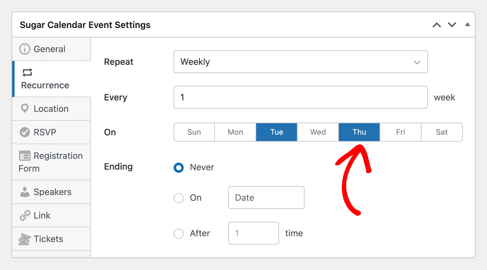 Selecting Tuesday and Thursday for a weekly recurring event