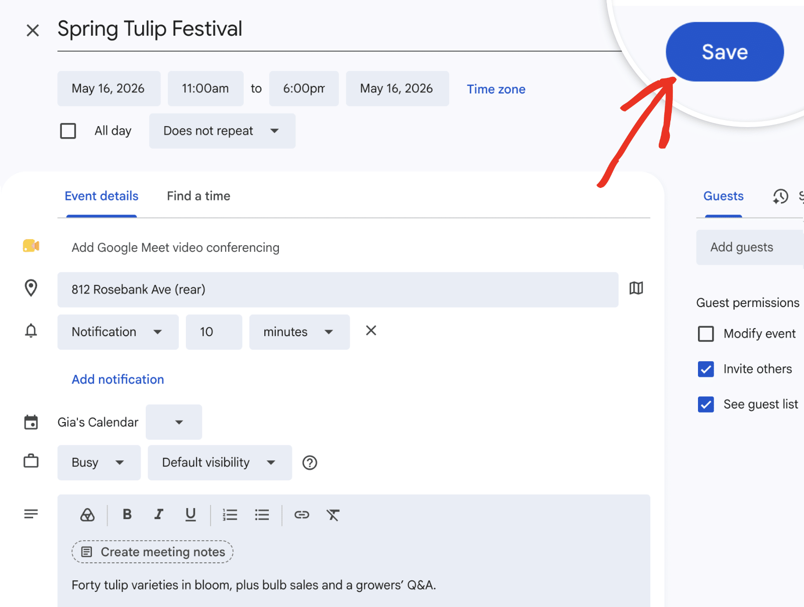 Save Google Calendar event