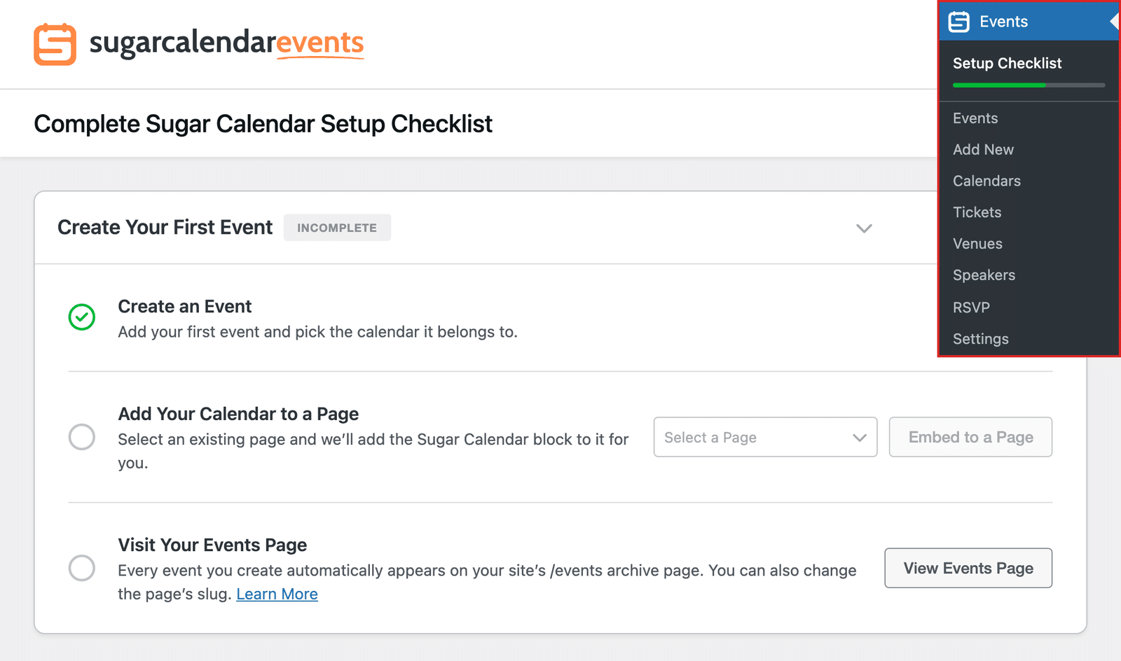 Setup Checklist page with the Events menu cutout showing the Setup Checklist item and its progress bar, and the Create Your First Event section below