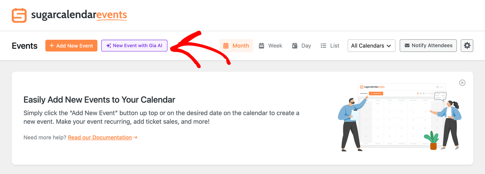 Events page header with an arrow pointing to the New Event with Gia AI button beside Add New Event