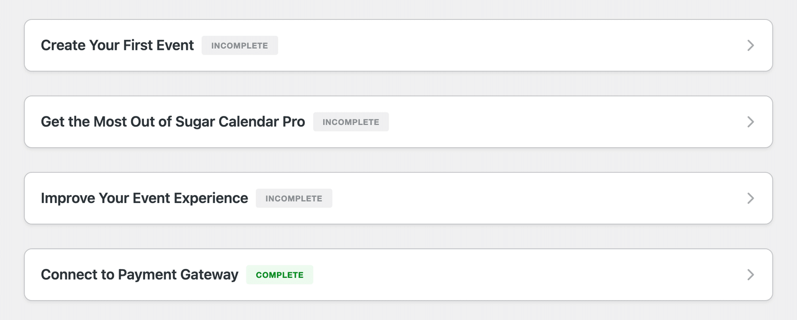 Setup Checklist with every section collapsed, showing Incomplete badges on three sections and a green Complete badge on Connect to Payment Gateway