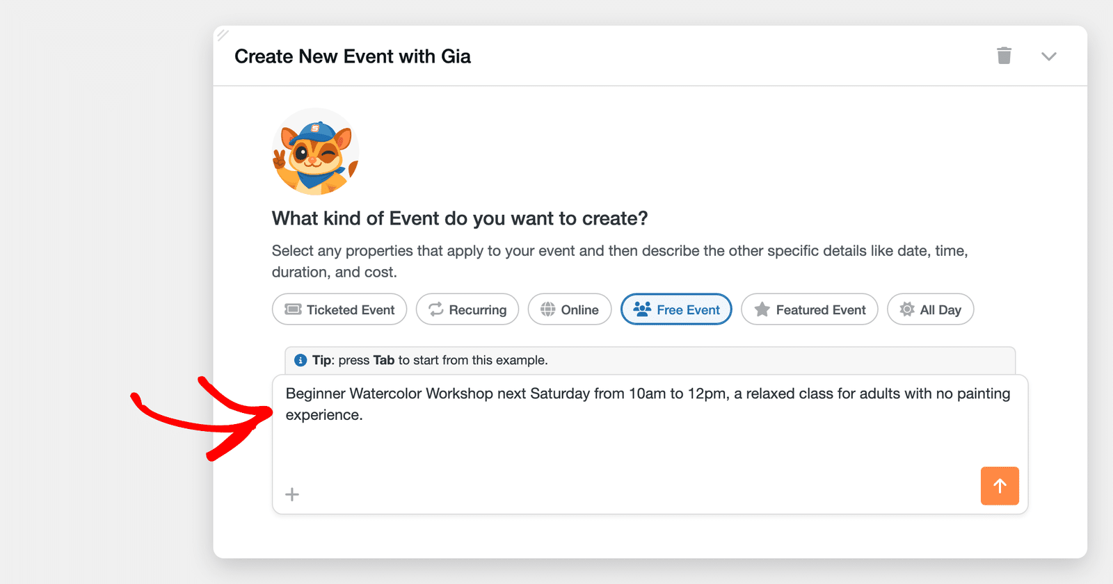 Create New Event with Gia chat showing the event property chips with Free Event selected and a description typed in the message box