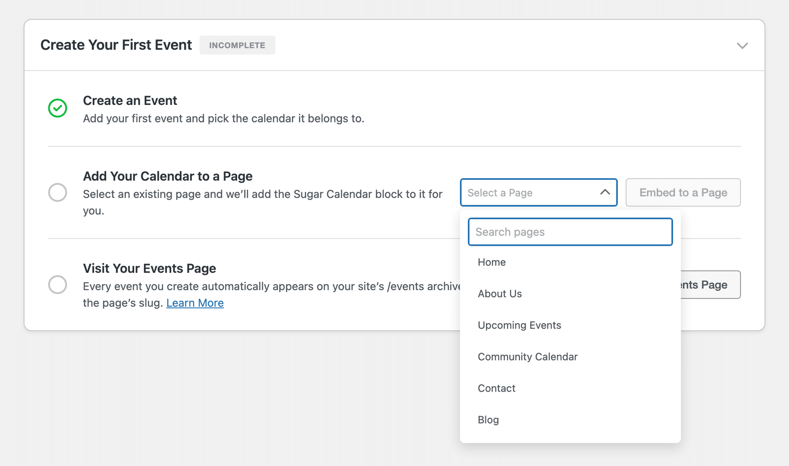 Create Your First Event section with the Select a Page dropdown open, showing a page search field and a list of pages