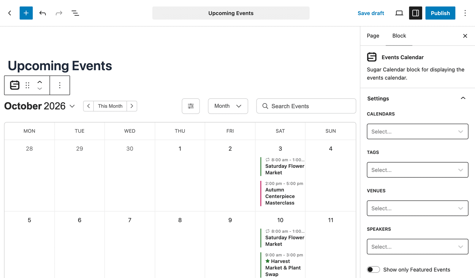 Block editor opened on the selected page with the Sugar Calendar block already inserted