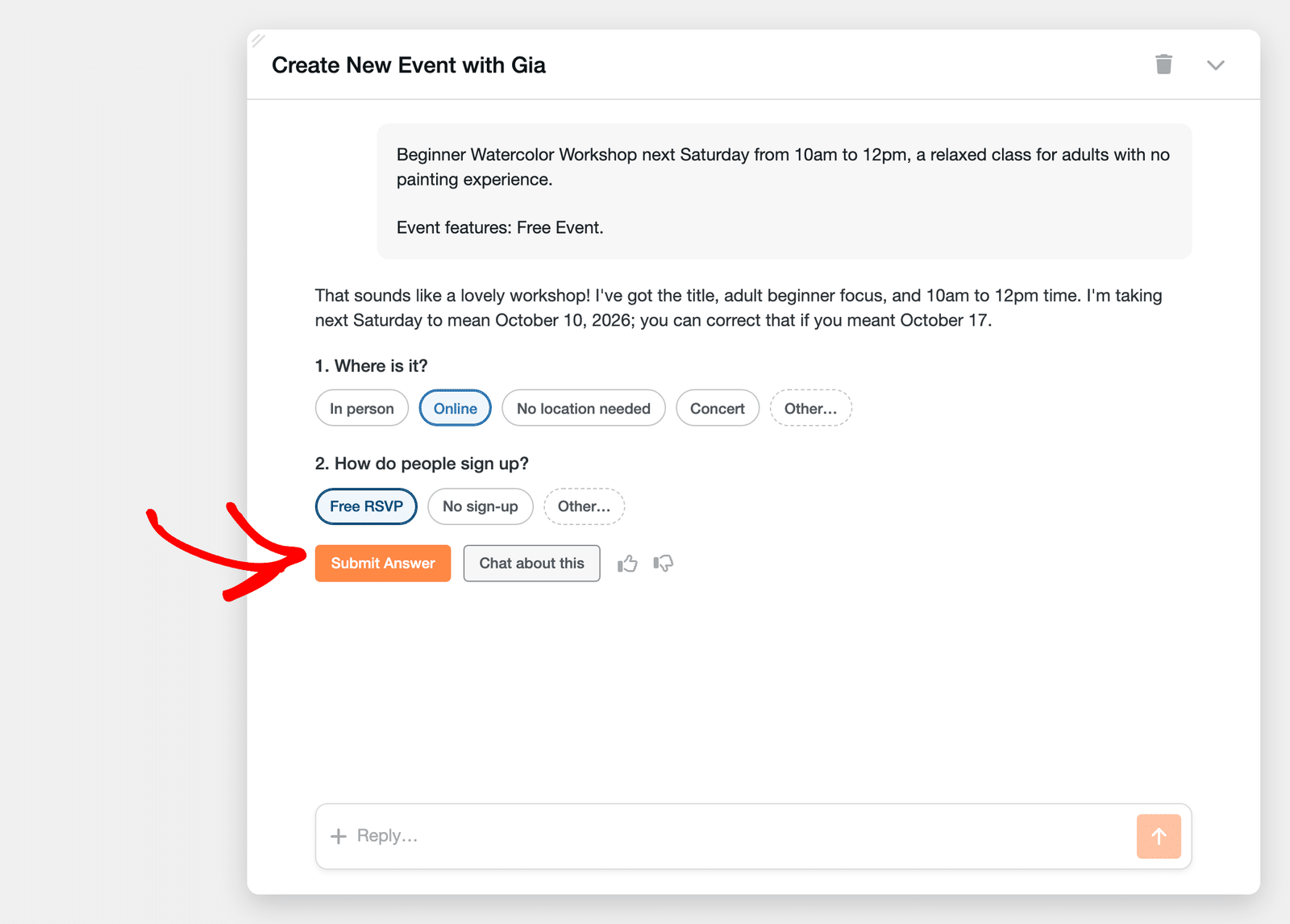 Gia chat showing two numbered questions, "Where is it?" and "How do people sign up?", with answer chips selected and the Submit Answer button