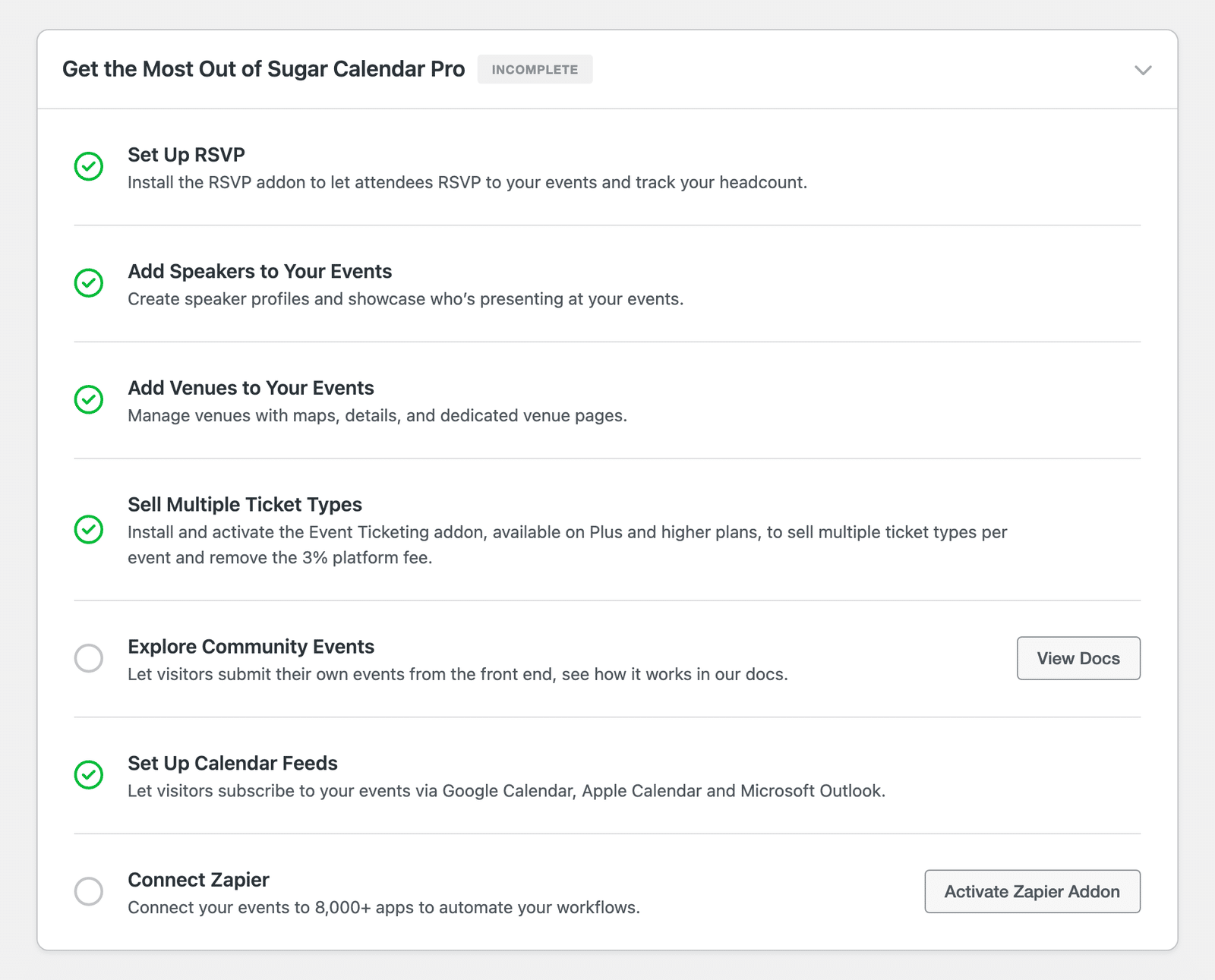 Get the Most Out of Sugar Calendar Pro section listing Set Up RSVP, Add Speakers to Your Events, Add Venues to Your Events, Sell Multiple Ticket Types, Explore Community Events, Set Up Calendar Feeds, and Connect Zapier