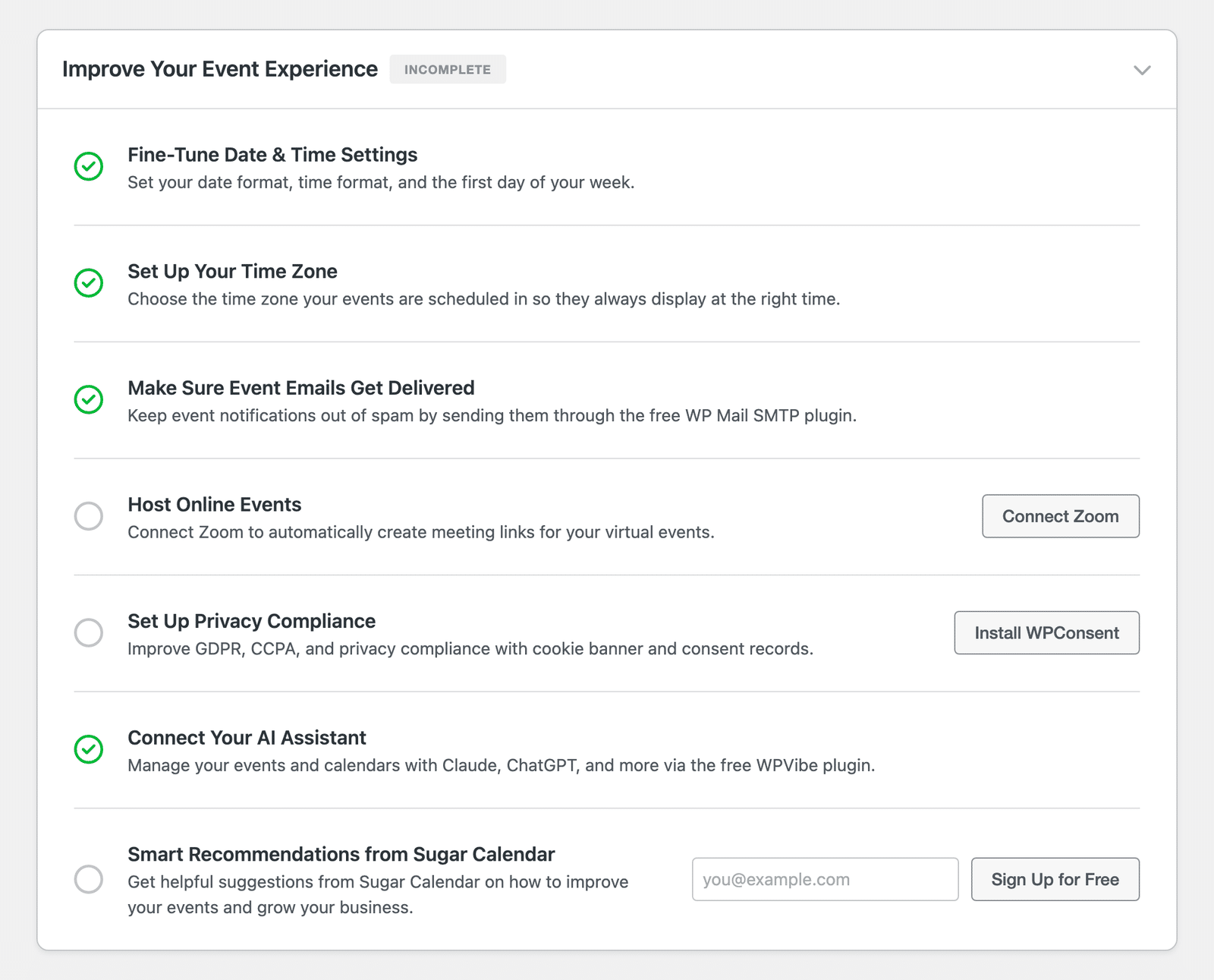 Improve Your Event Experience section showing the date and time, time zone, WP Mail SMTP, Zoom, WPConsent, WPVibe, and Smart Recommendations tasks