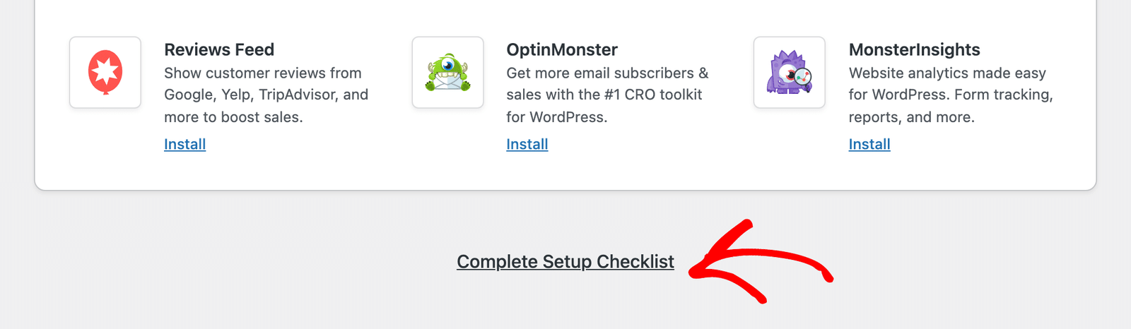 Bottom of the Setup Checklist page with an arrow pointing to the Complete Setup Checklist link